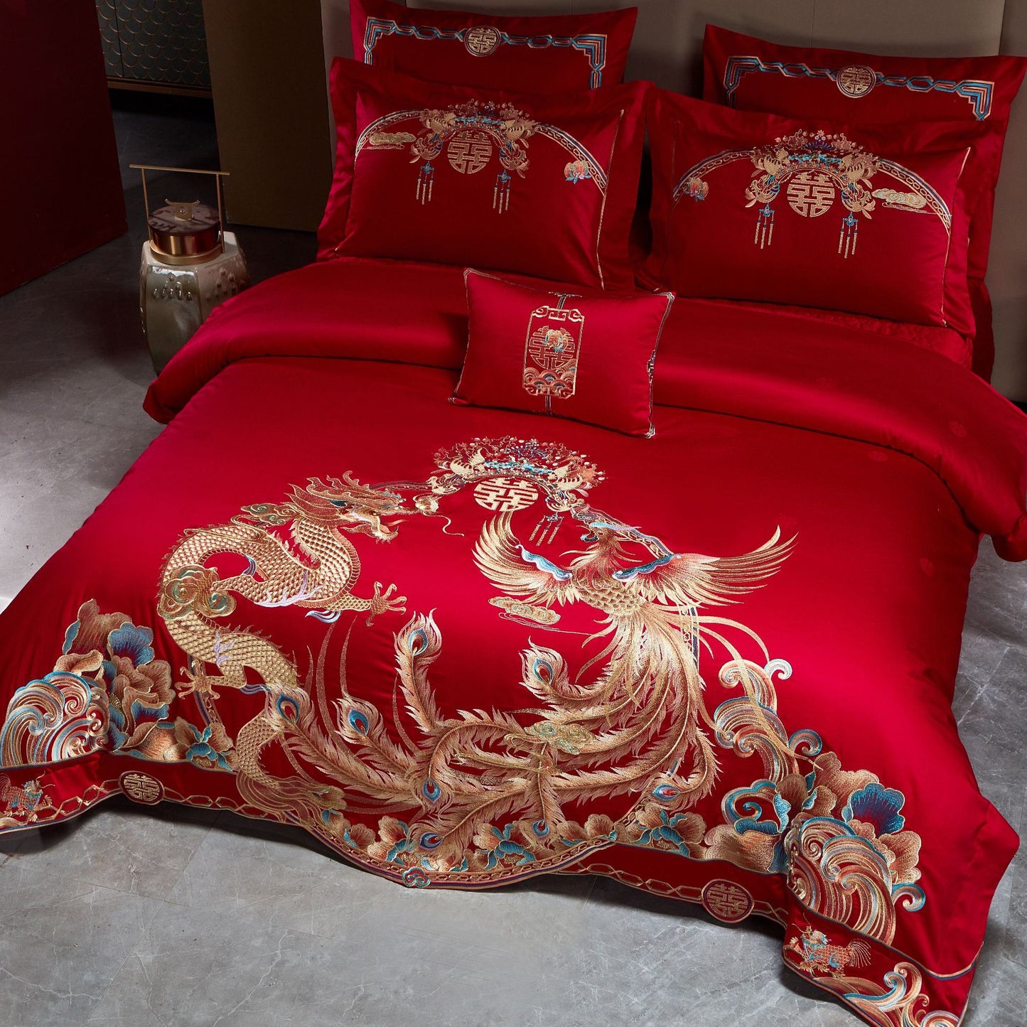 Luxury Embroidery Dragon&Phoenix Wedding Duvet Cover Set | 3CARATS