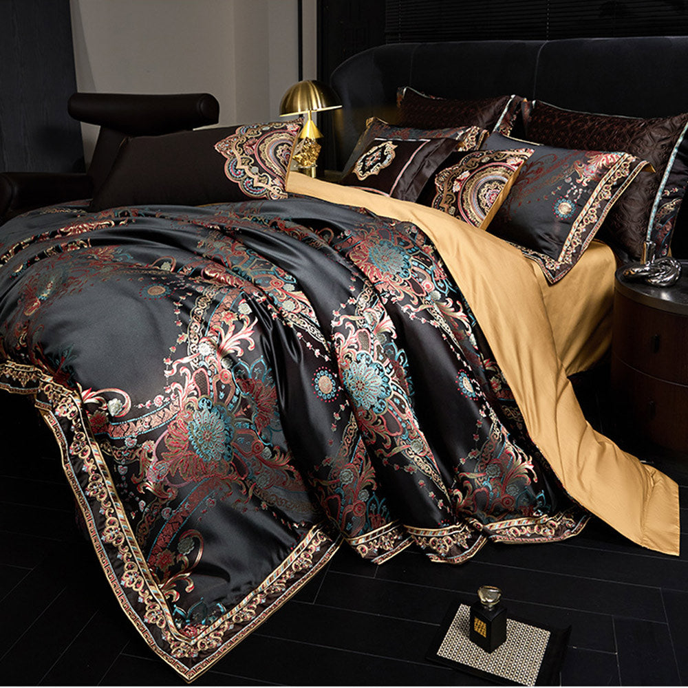 Black Exquisite jacquard Silk Satin Cotton Bedding Set | 3CARATS