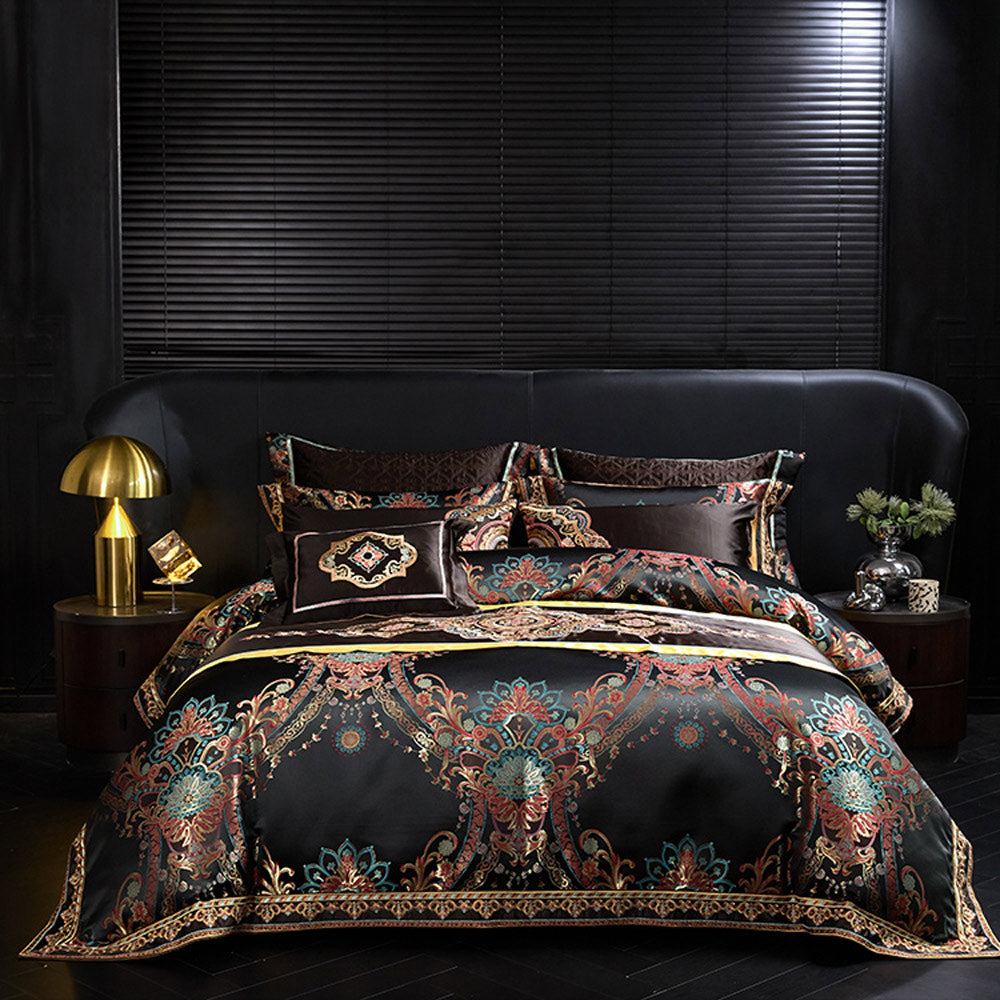 Black Exquisite jacquard Silk Satin Cotton Bedding Set | 3CARATS