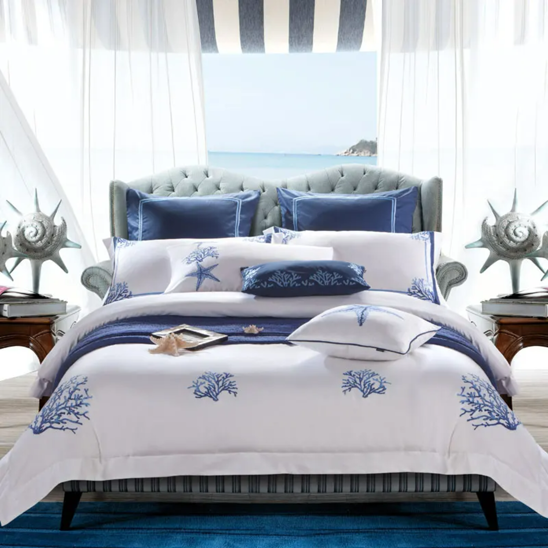 Blue Egyptian Cotton Embroidered Tribute Silk Bedding Set | 3CARATS