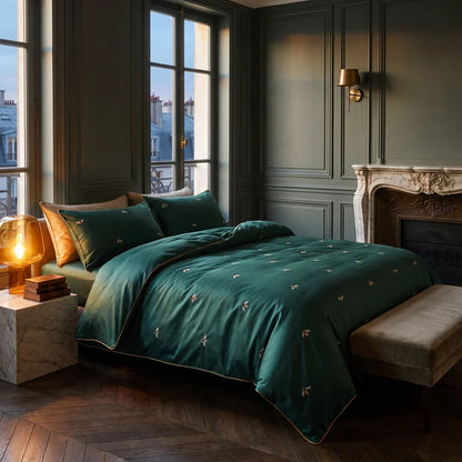 Dark Green Bee Cotton Duvet Set | 3CARATS