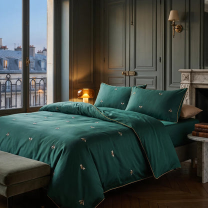 Dark Green Bee Cotton Duvet Set | 3CARATS