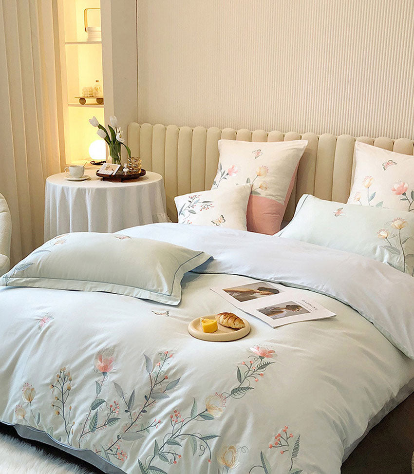 Elegant Floral Embroidered Cotton Bedding Set | 3CARATS