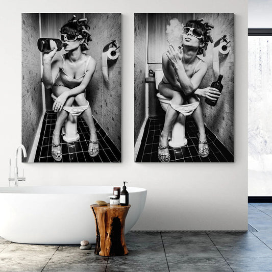 Girl Sitting On Toilet Smoking and Drinking Canvas Wall Art | 3CARATS