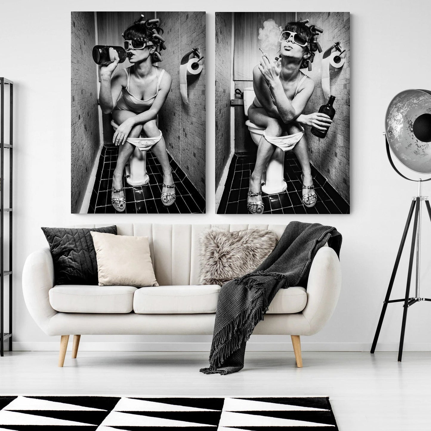 Girl Sitting On Toilet Smoking and Drinking Canvas Wall Art | 3CARATS