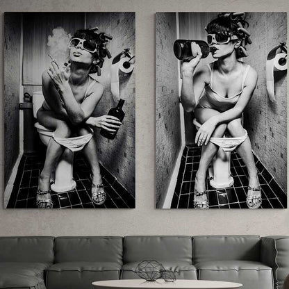 Girl Sitting On Toilet Smoking and Drinking Canvas Wall Art | 3CARATS