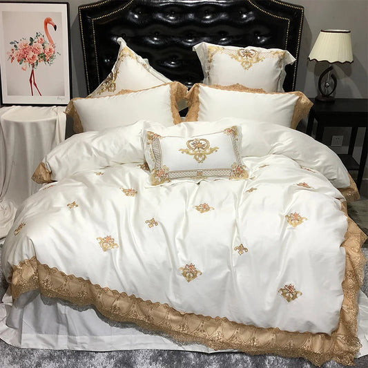 Golden Embroidery Luxury Royal Lace Bedding Set | 3CARATS