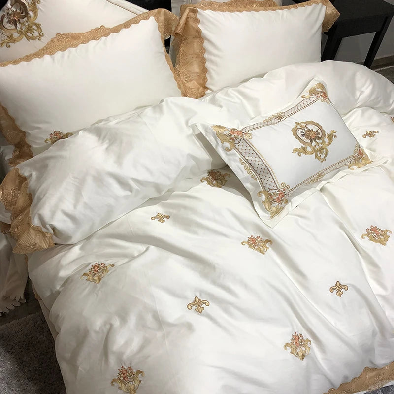 Golden Embroidery Luxury Royal Lace Bedding Set | 3CARATS