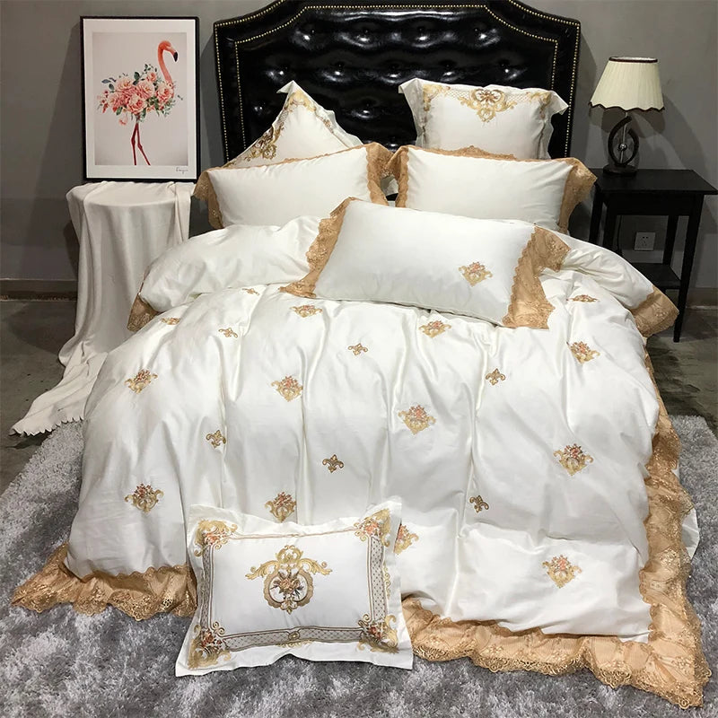 Golden Embroidery Luxury Royal Lace Bedding Set | 3CARATS