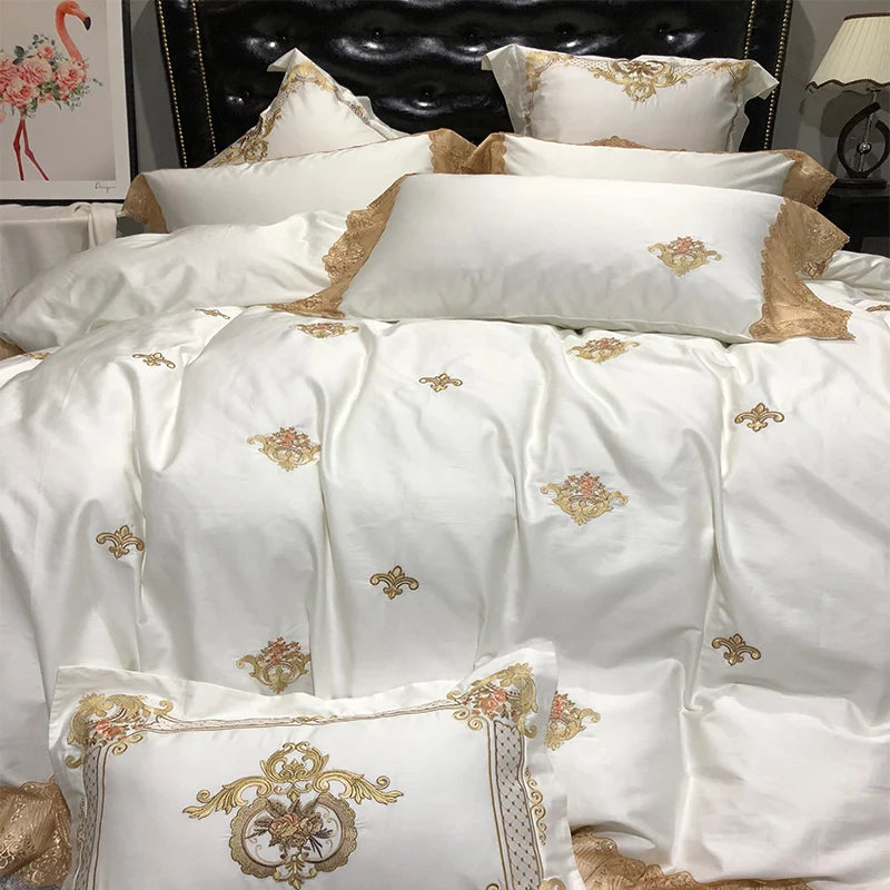 Golden Embroidery Luxury Royal Lace Bedding Set | 3CARATS