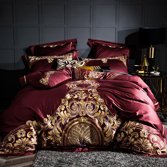 Lezkira Burgundy Red Embroidery Luxury Egyptian Cotton Duvet Cover | 3CARATS