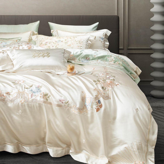 Luxury Cottagecore Embroidered Silk-Feel Cotton Bedding Set | 3CARATS