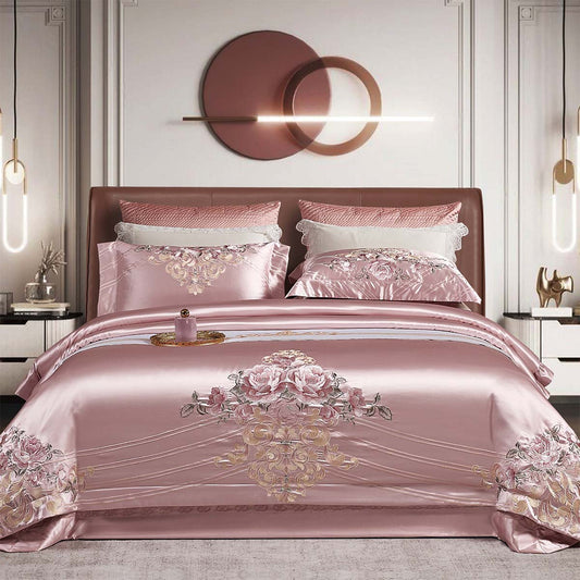 Luxury Floral Embroidered Silk-Feel Bedding Set | 3CARATS