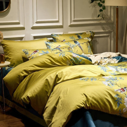 Solarosa Yellow Flower Bird Silky Egyptian Cotton Bedding Set | 3CARATS