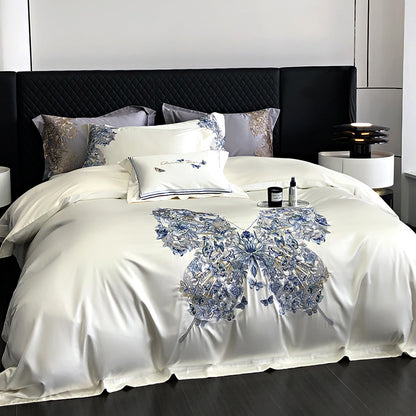 White Egyptian Cotton Butterfly Embroidery Bedding Set | 3CARATS