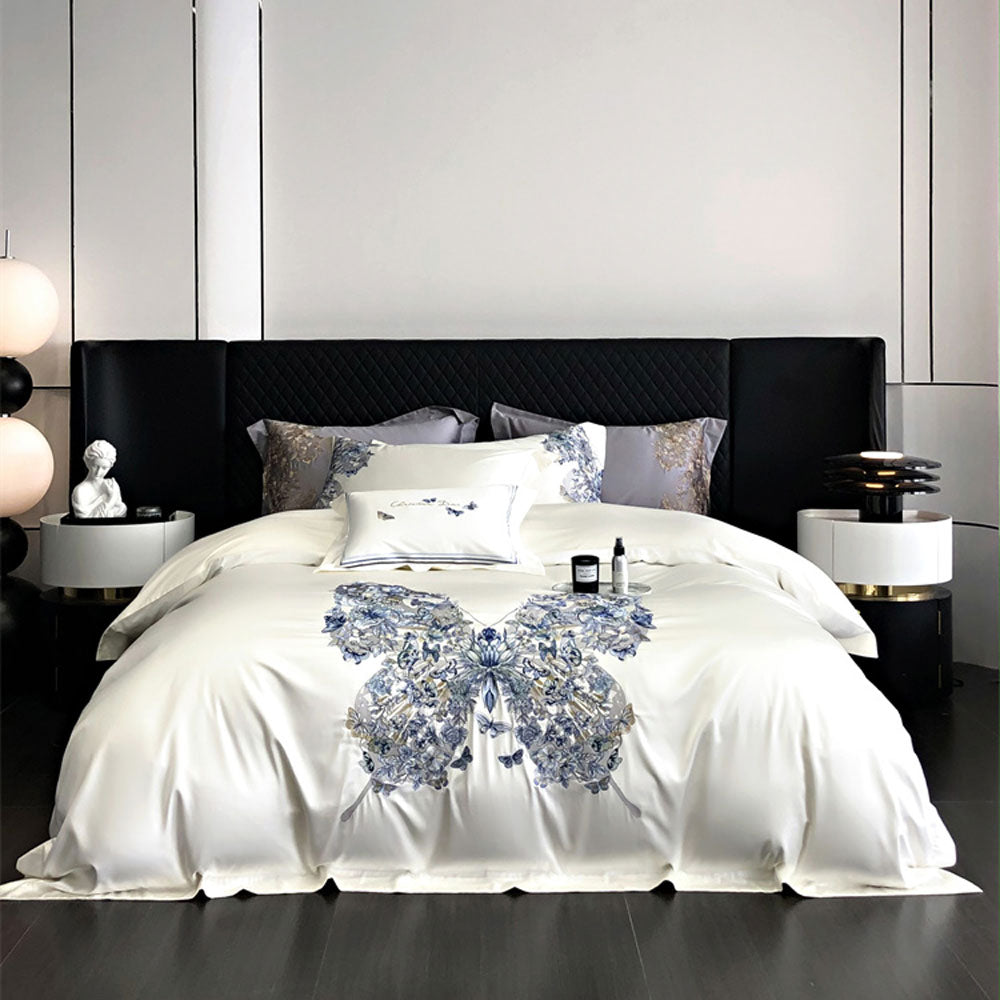 White Egyptian Cotton Butterfly Embroidery Bedding Set | 3CARATS