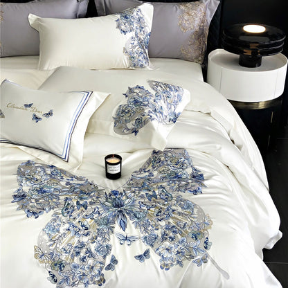 White Egyptian Cotton Butterfly Embroidery Bedding Set | 3CARATS