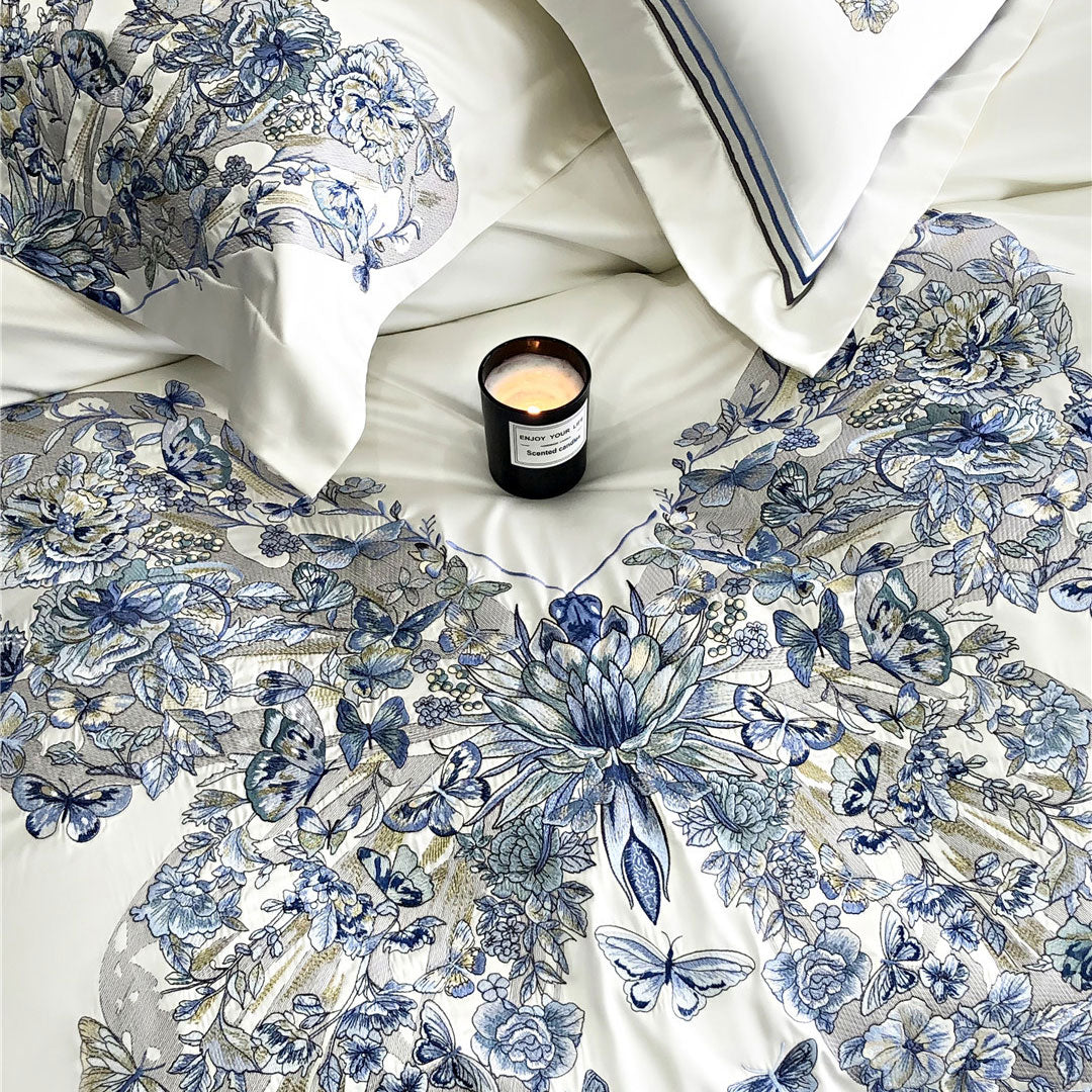 White Egyptian Cotton Butterfly Embroidery Bedding Set | 3CARATS