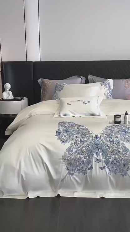 White Egyptian Cotton Butterfly Embroidery Bedding Set | 3CARATS